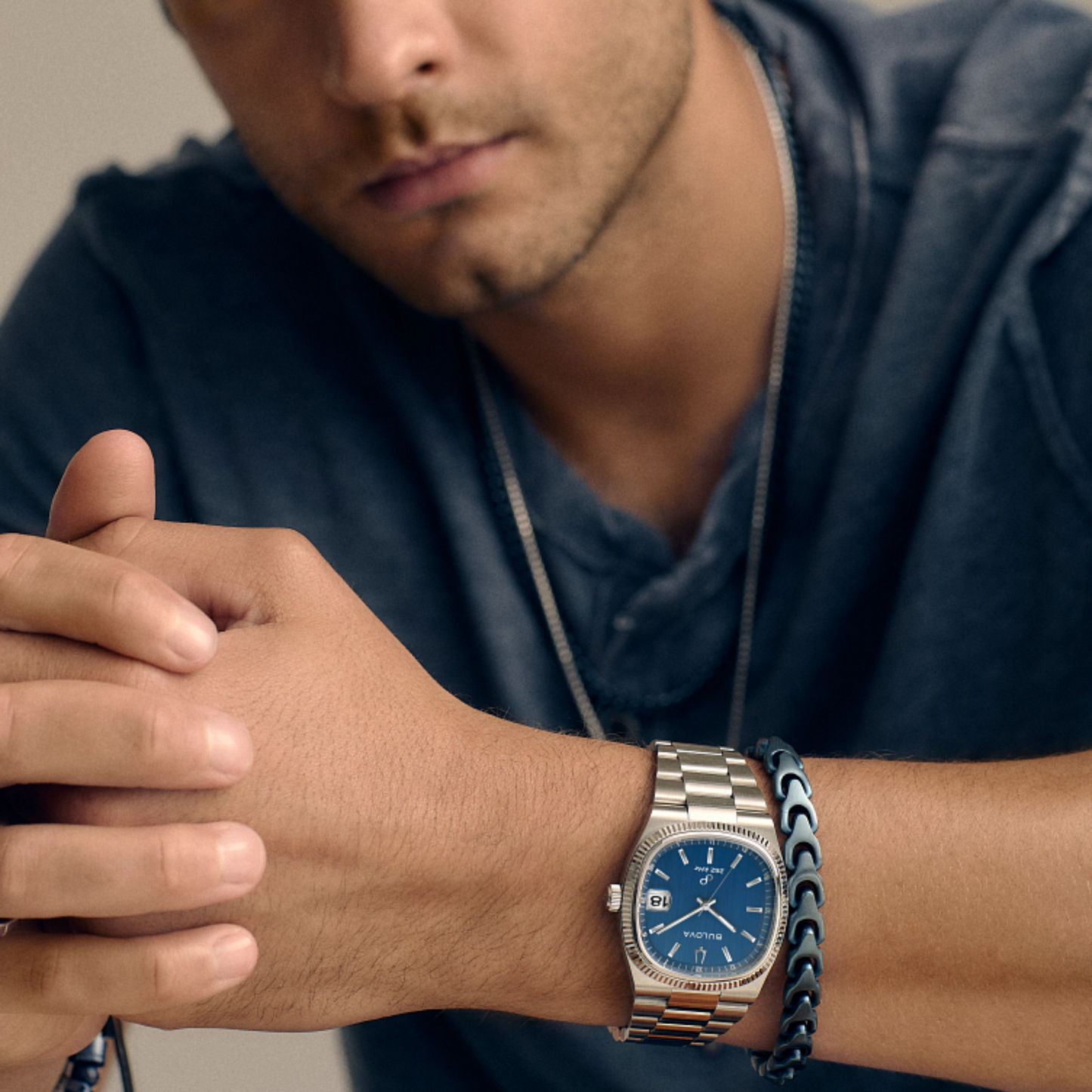 Bulova Super Seville Silver Stainless Steel Blue Dial Watch 37.5mm