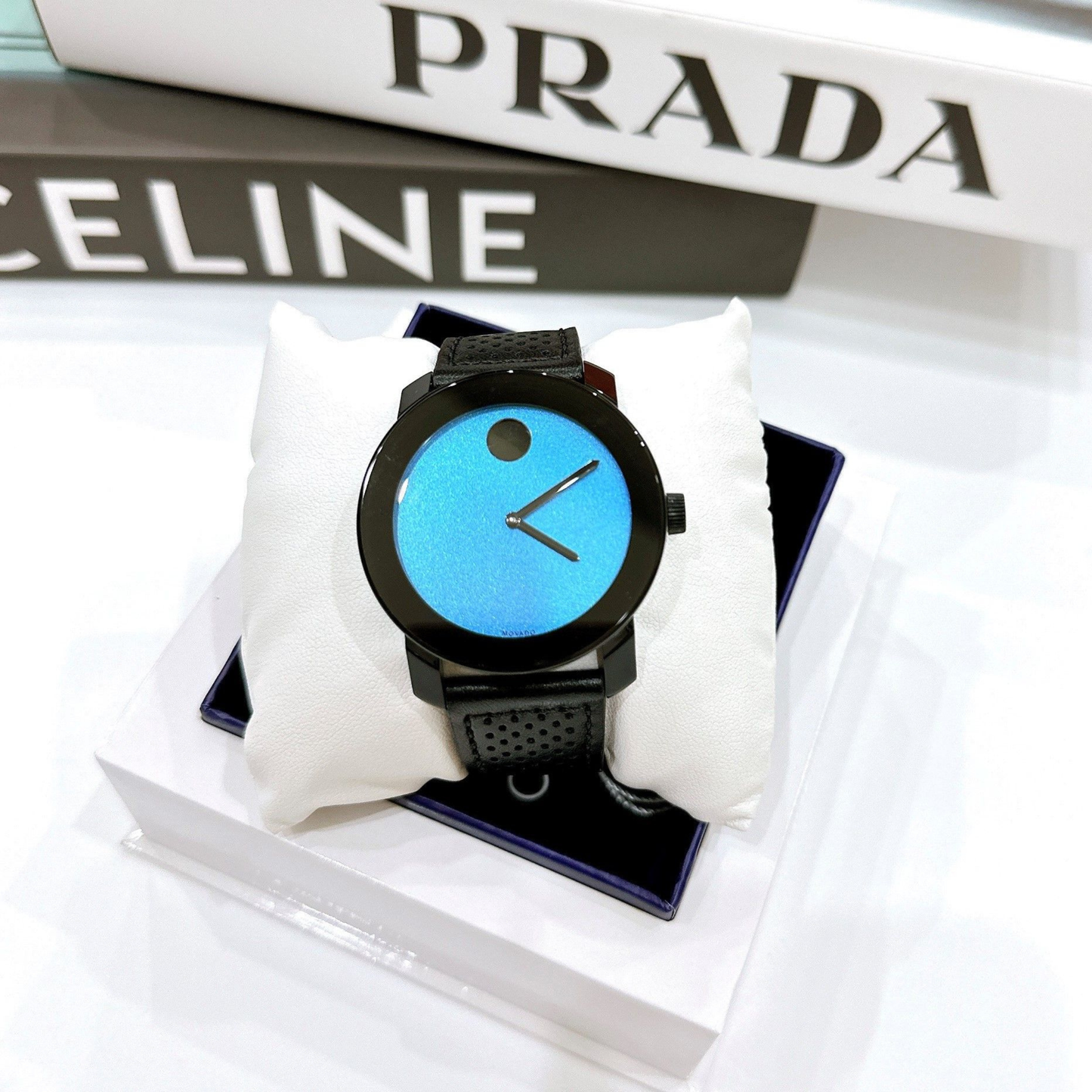 Movado Bold Round Blue Dial Black Leather Watch 42 mm