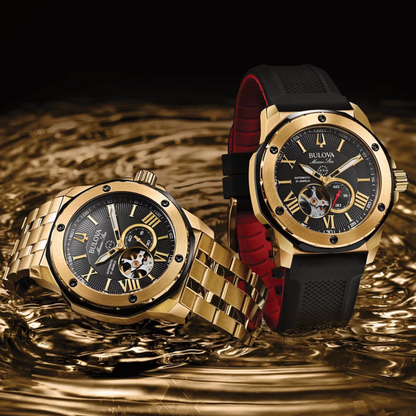 Bulova Series A Marine Star Gold Stainless Steel Black Dial Watch 44 mm