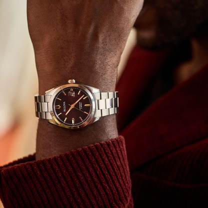 Bulova Surveyor Silver-Tone Stainless Steel Red Dial Automatic Watch 39 mm