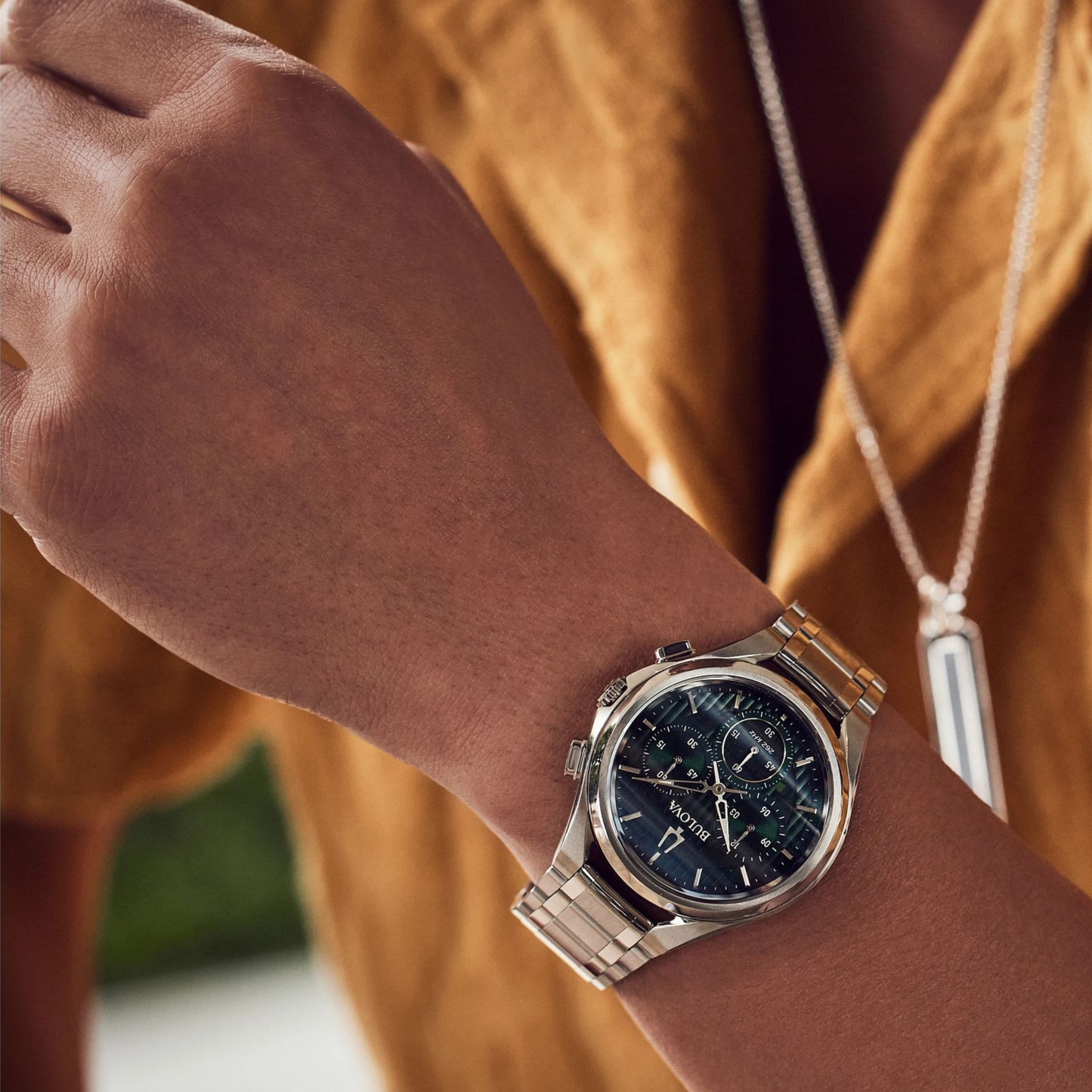 Bulova CURV Silver Stainless Steel Green Dial Watch 44 mm