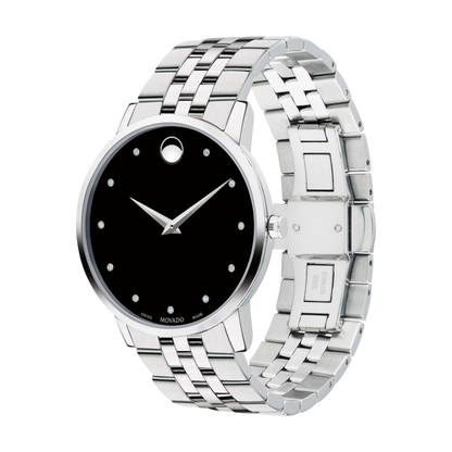 Movado Museum Classic Diamond Stainless Steel Black Dial Watch 40 mm