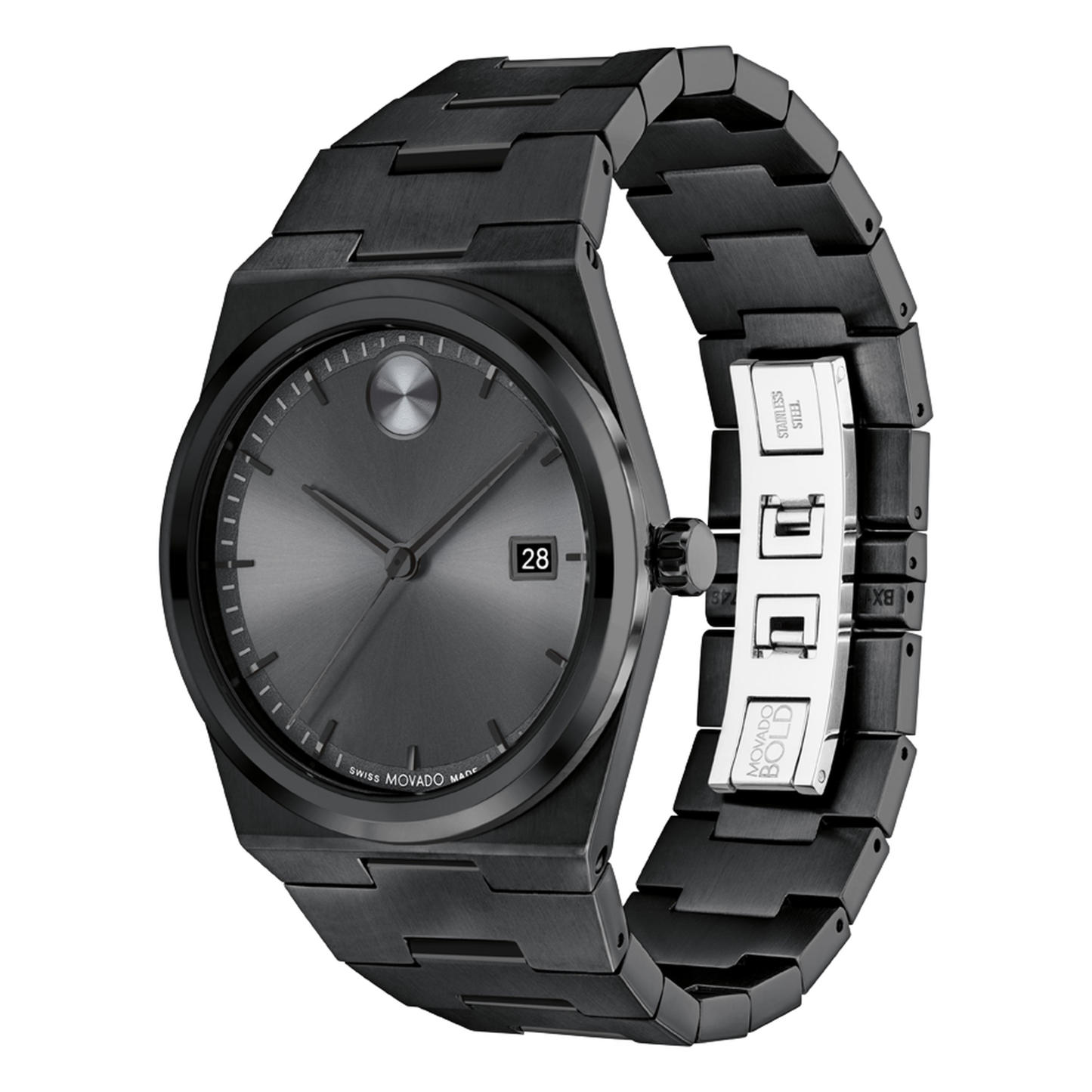 Movado Bold Quest Black Stainless Steel Bracelet Grey Dial Watch 40mm