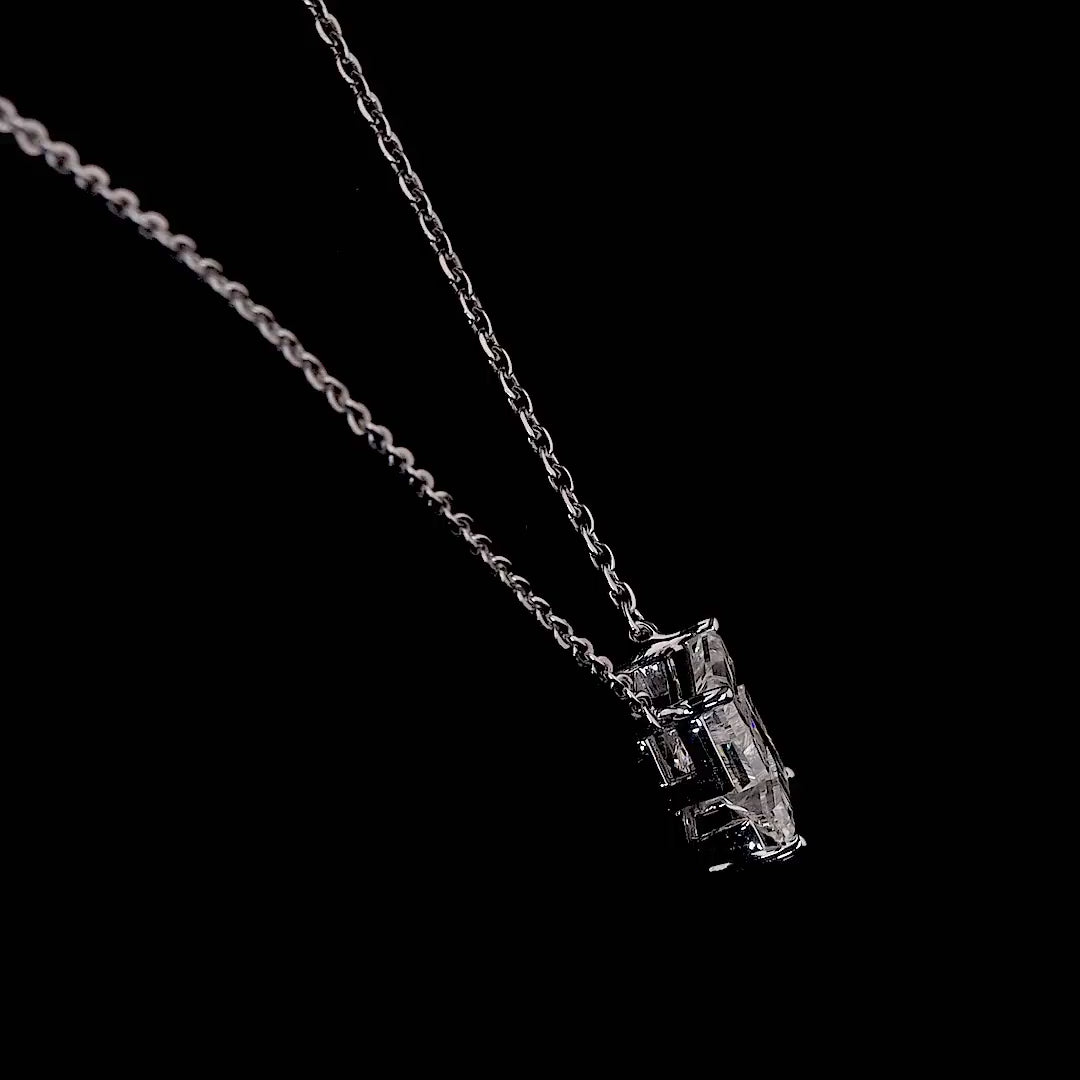 White gold necklace with an "S" shaped diamond letter pendant rotating from various angles over a dark background