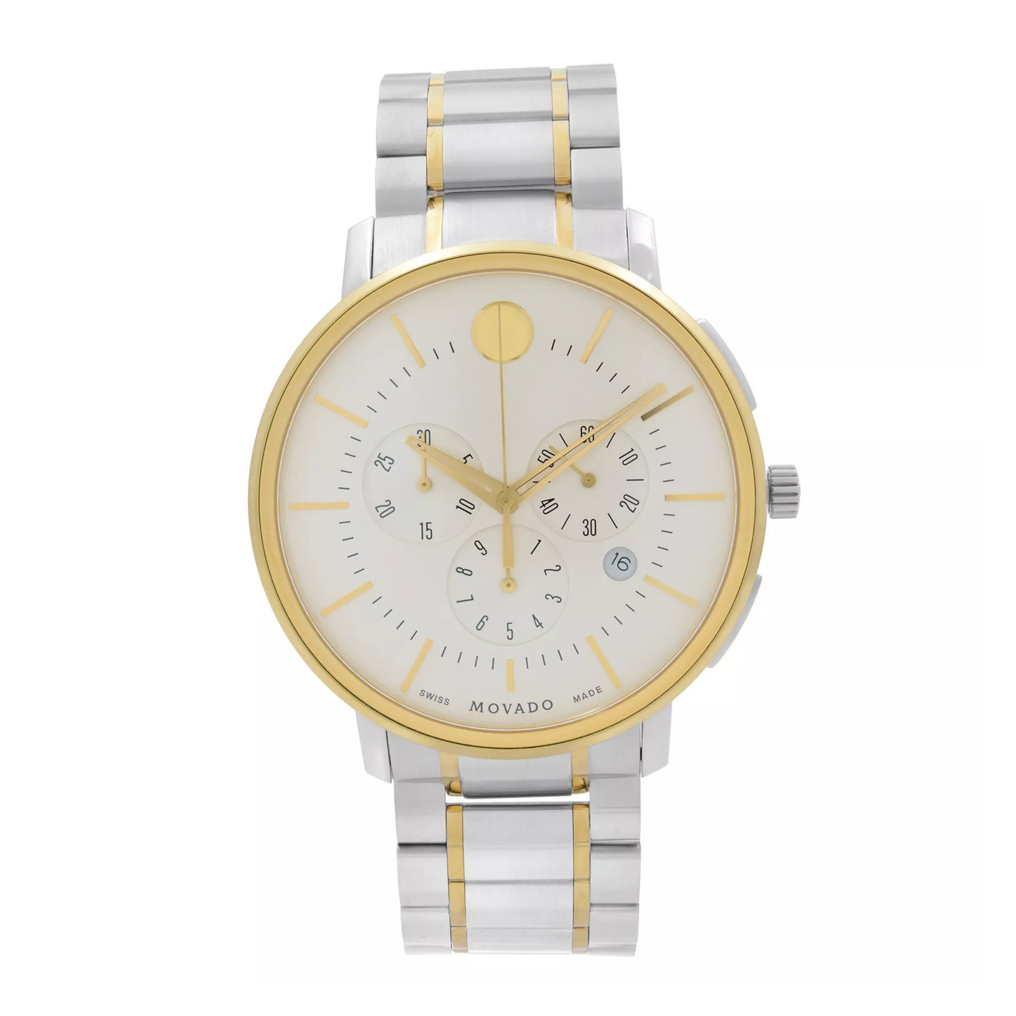 Movado SE Chronograph Quartz Small Seconds Bracelet Sapphire Crystal Silver Dial 42mm watch. Crafted in stainless steel, Water resistant to 42 meters.